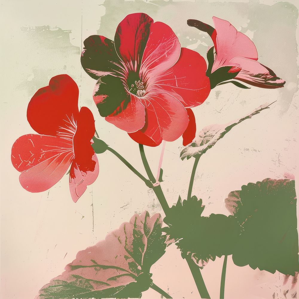 Silkscreen of a geranium art hibiscus painting.