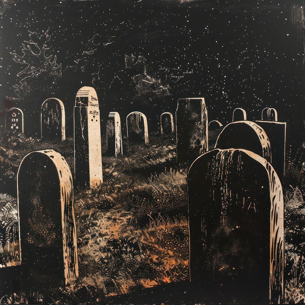 Silkscreen of a Gravestones gravestone tombstone graveyard.