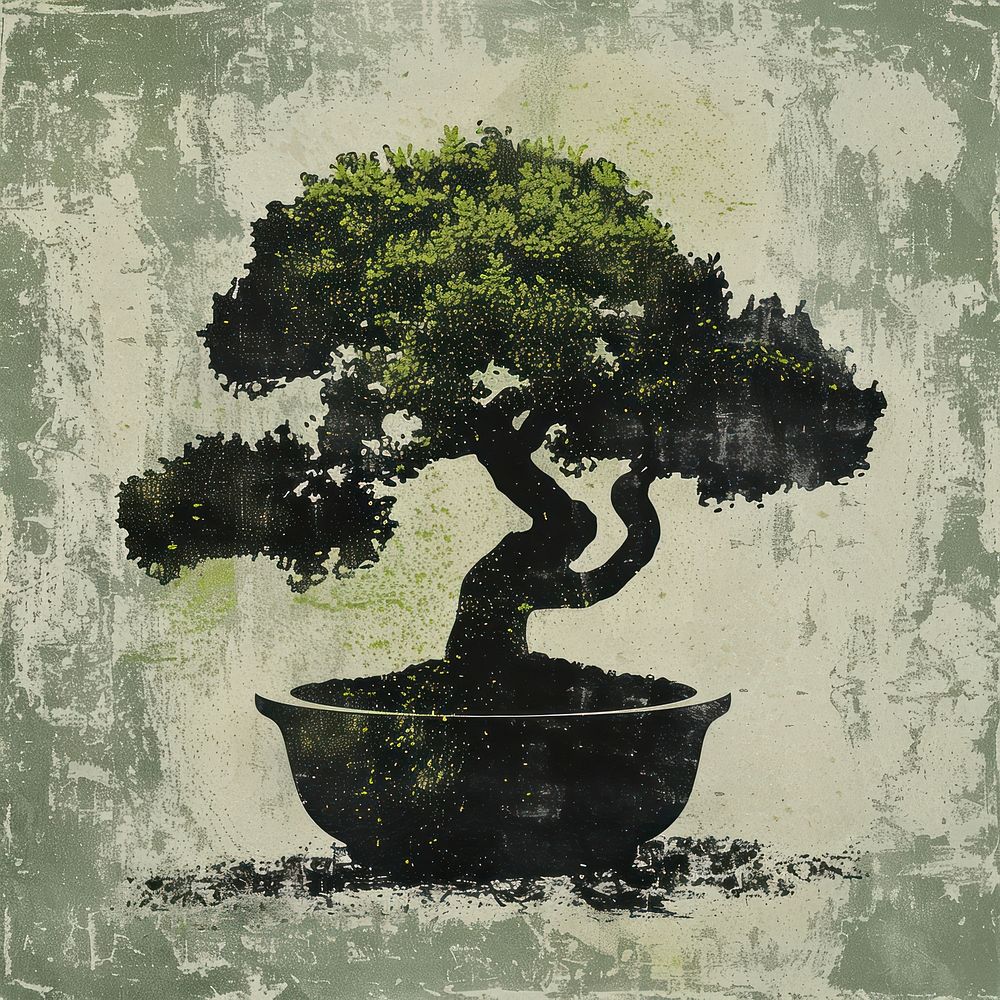 Silkscreen of a green bonsai art plant tree.