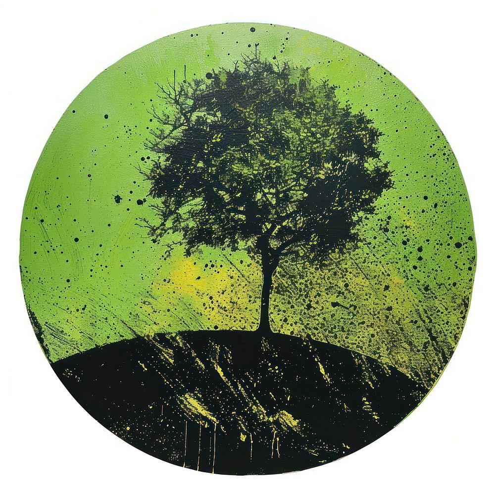 Silkscreen of a green globle with tree growing painting outdoors nature.