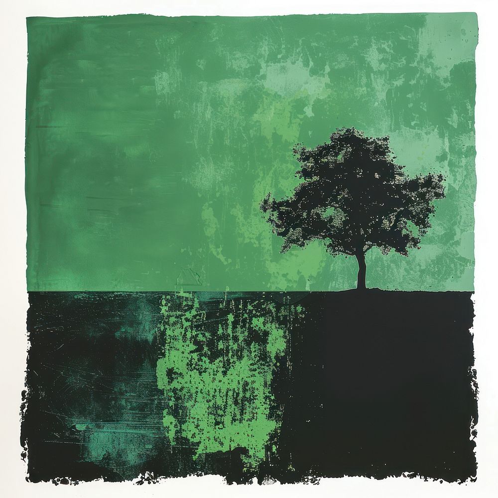 Silkscreen of a green World with tree growing art silhouette textured.