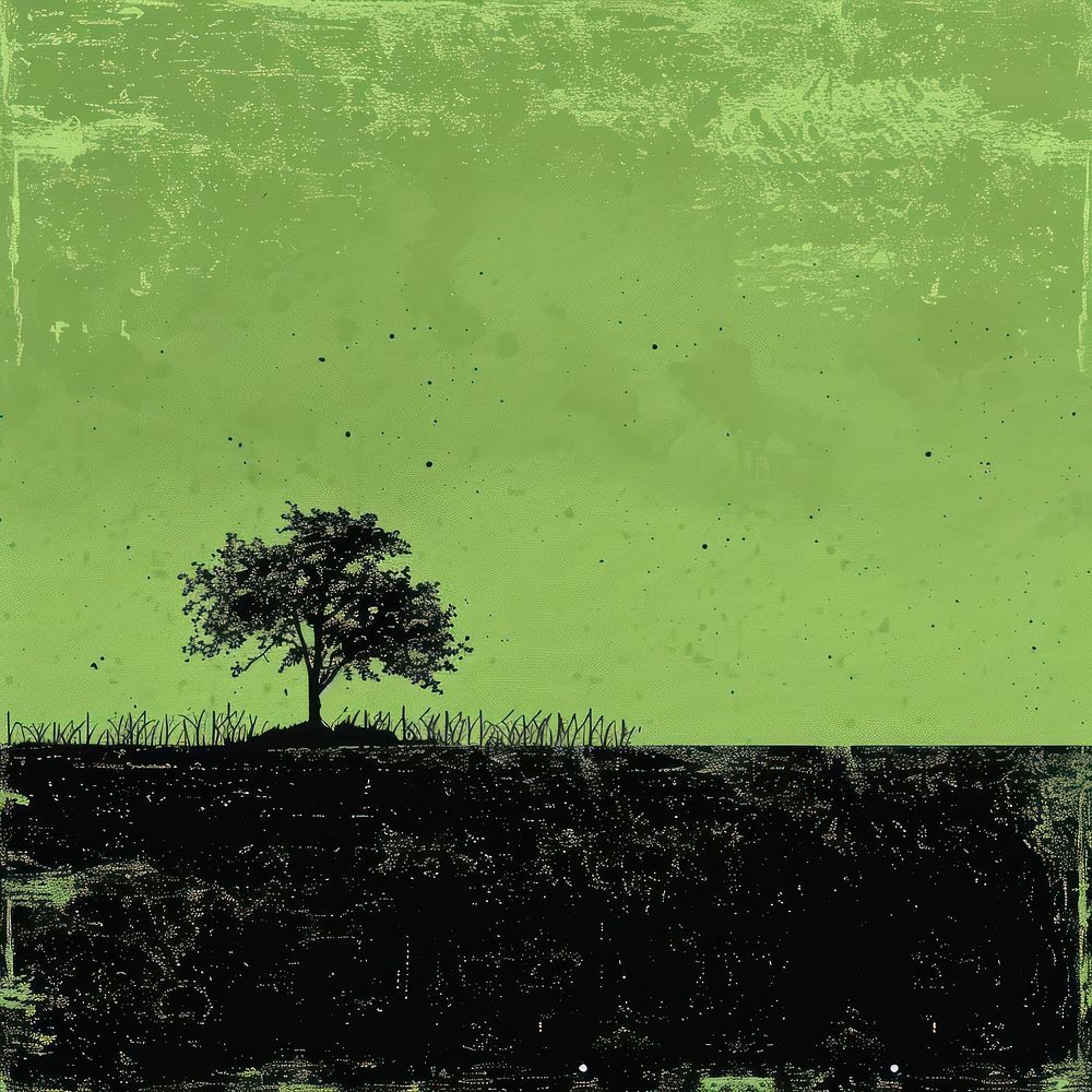 Silkscreen of a green World with tree growing nature silhouette textured.