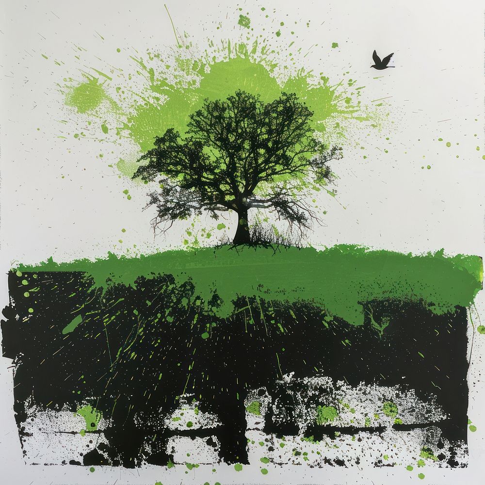 Silkscreen of a green World with tree growing art painting nature.