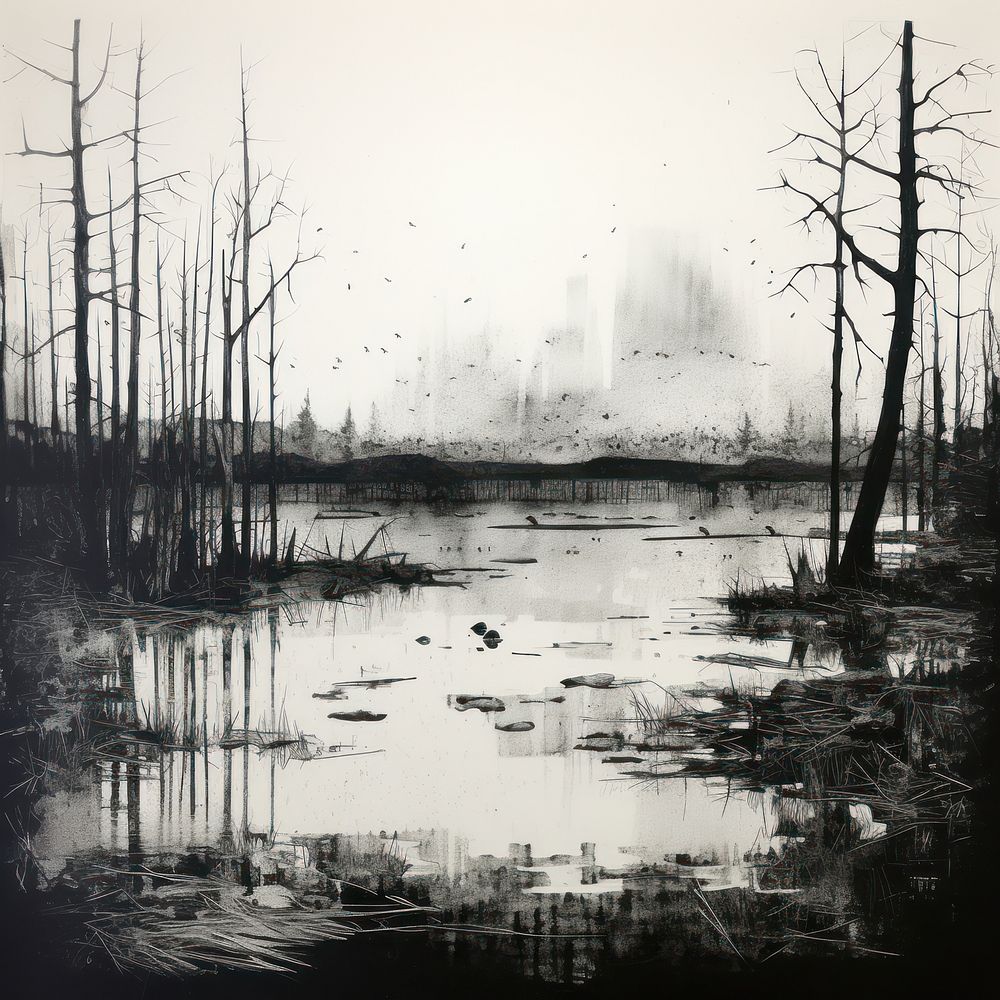 Silkscreen of a environment nature outdoors swamp.