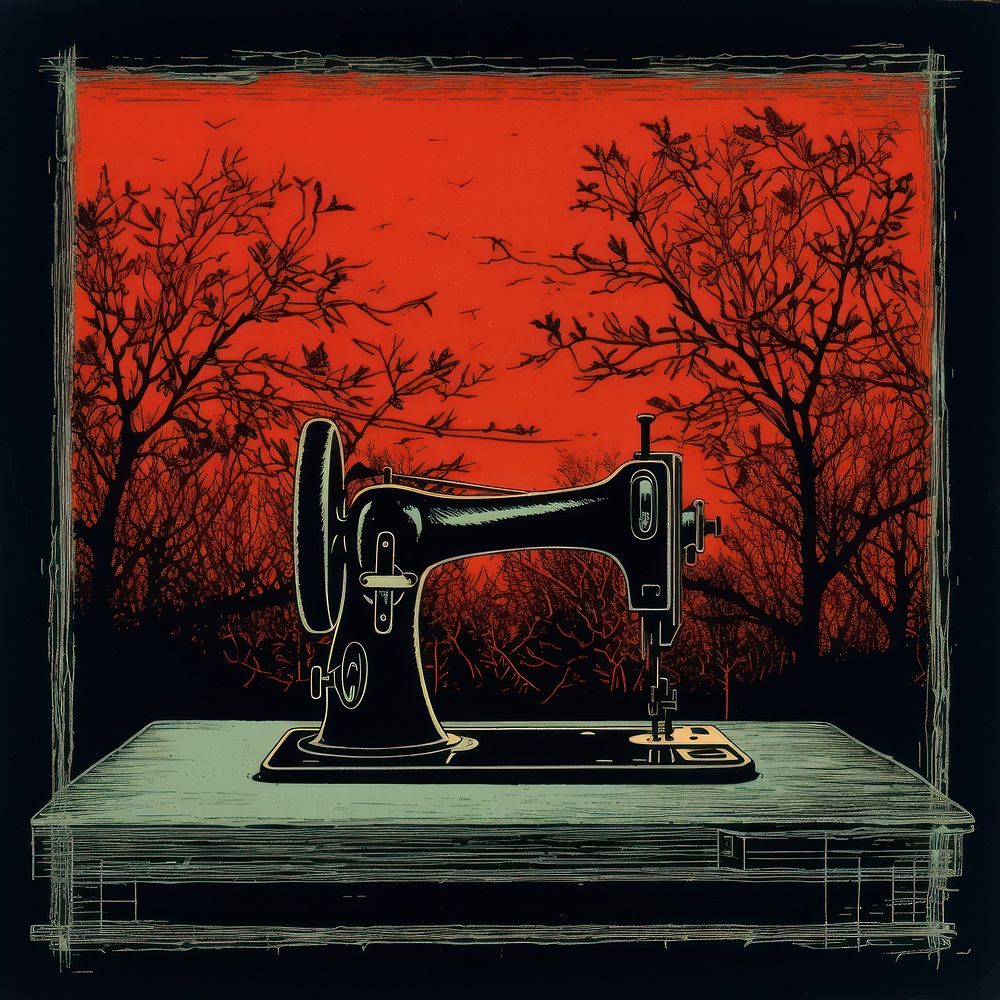 Silkscreen of a sewing machine art red technology.
