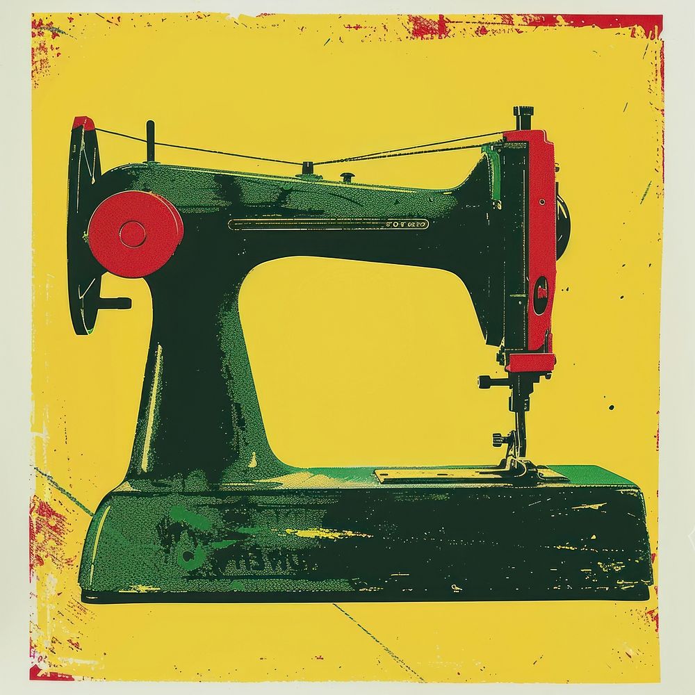 Silkscreen of a sewing machine yellow green art.