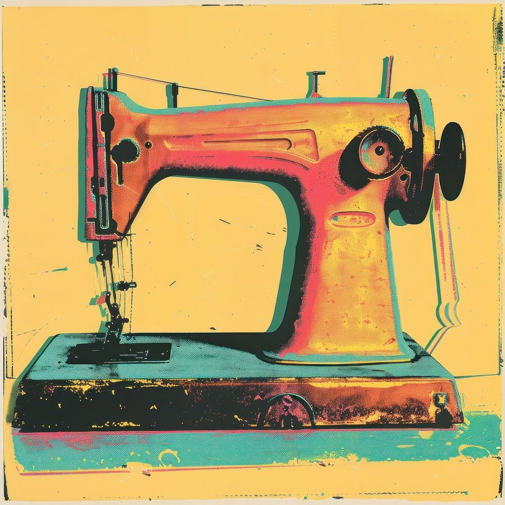 Silkscreen of a sewing machine yellow craft art.