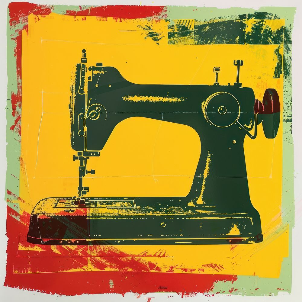 Silkscreen of a sewing machine yellow art technology.