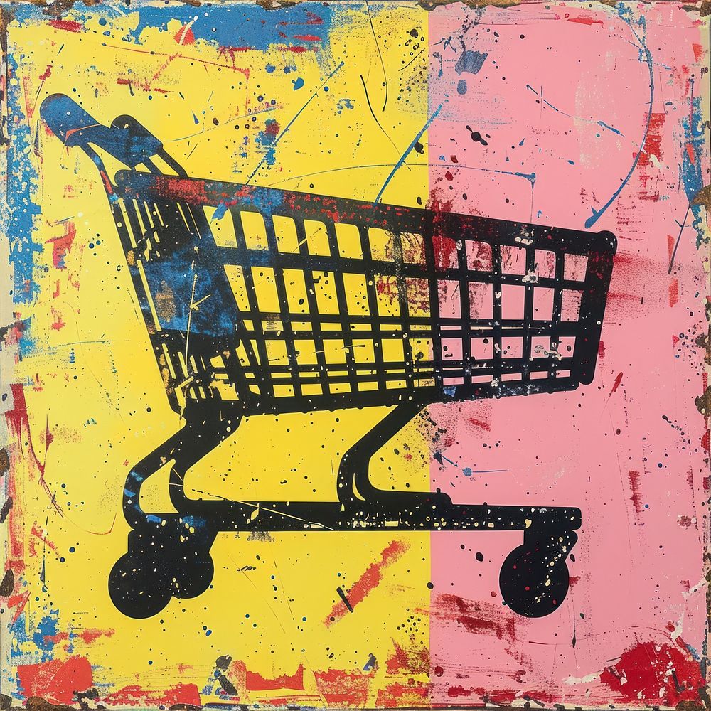 Silkscreen of a shopping cart backgrounds red consumerism.