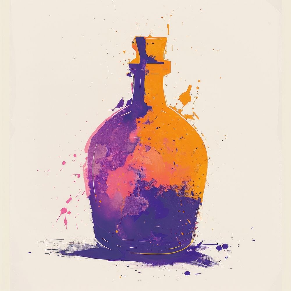 Silkscreen of a potion art bottle purple.