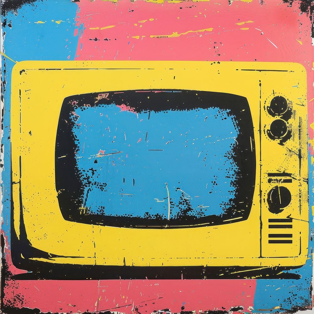 Silkscreen of a television backgrounds yellow art.