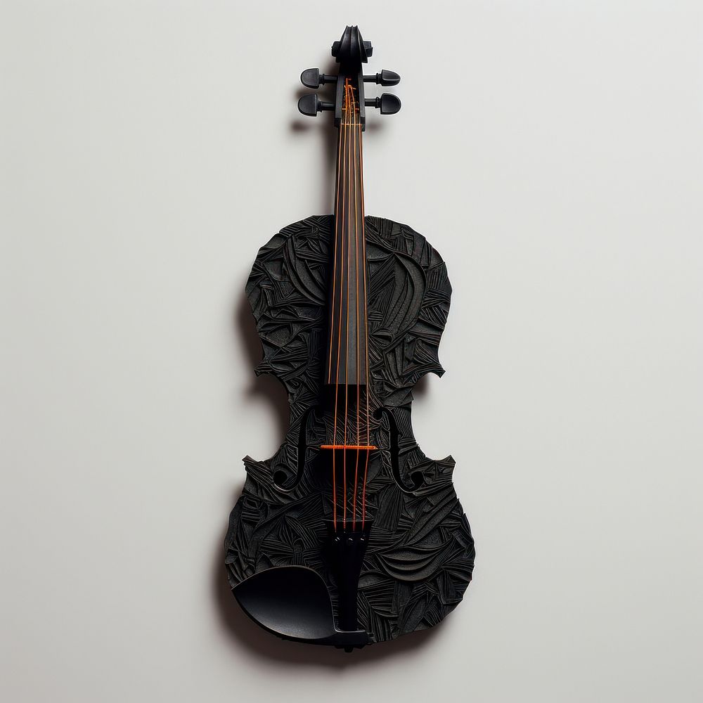 Silkscreen of a violin cello black guitar.