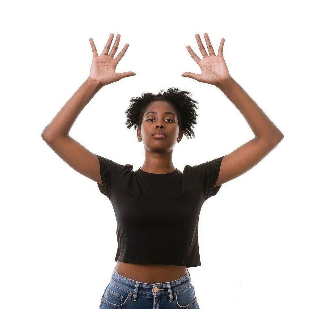 Black young adult woman raising hands portrait photo flexibility.