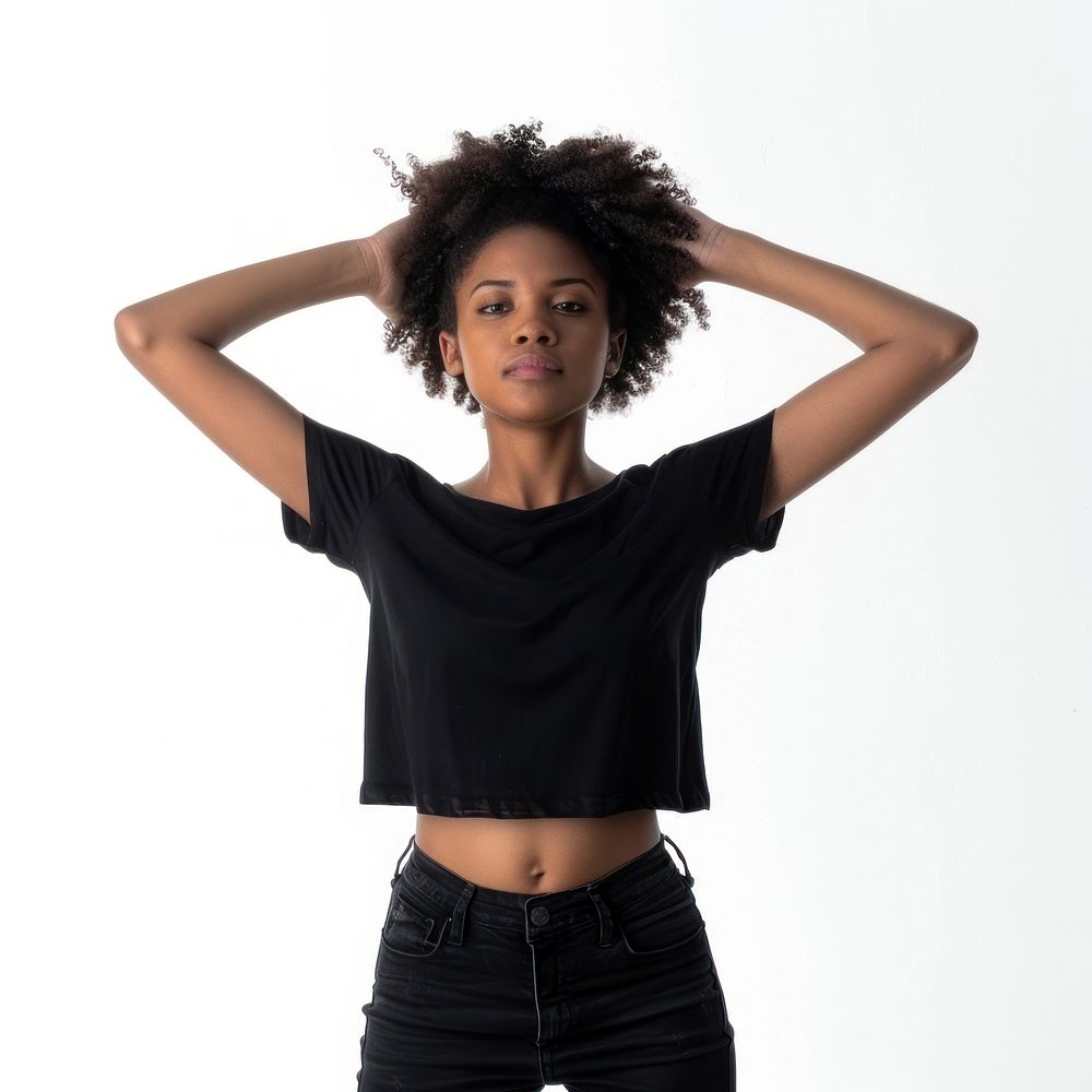 Black young adult woman raising hands portrait t-shirt sleeve.