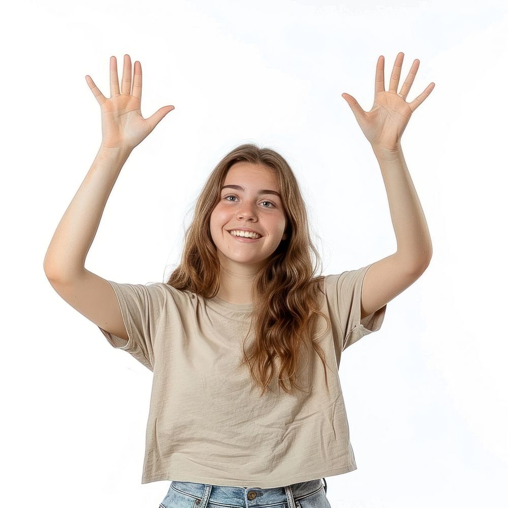 Caucacian young adult woman raising hands smile excitement triumphant.