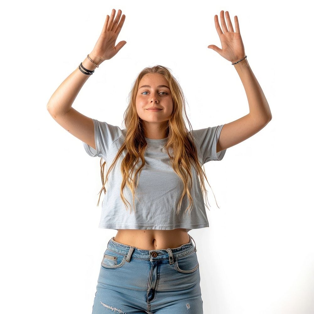 Caucacian young adult woman raising hands excitement triumphant gesturing.