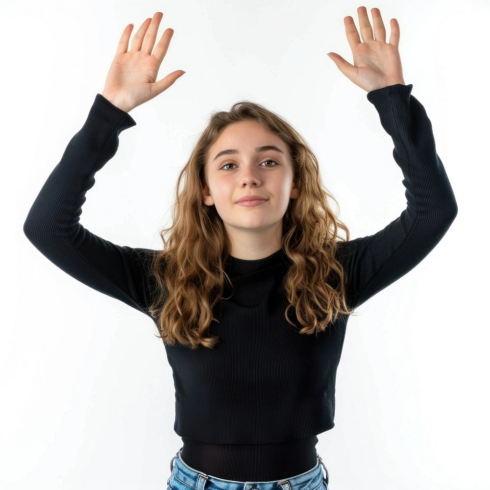 Caucacian young adult woman raising hands portrait sleeve photo.
