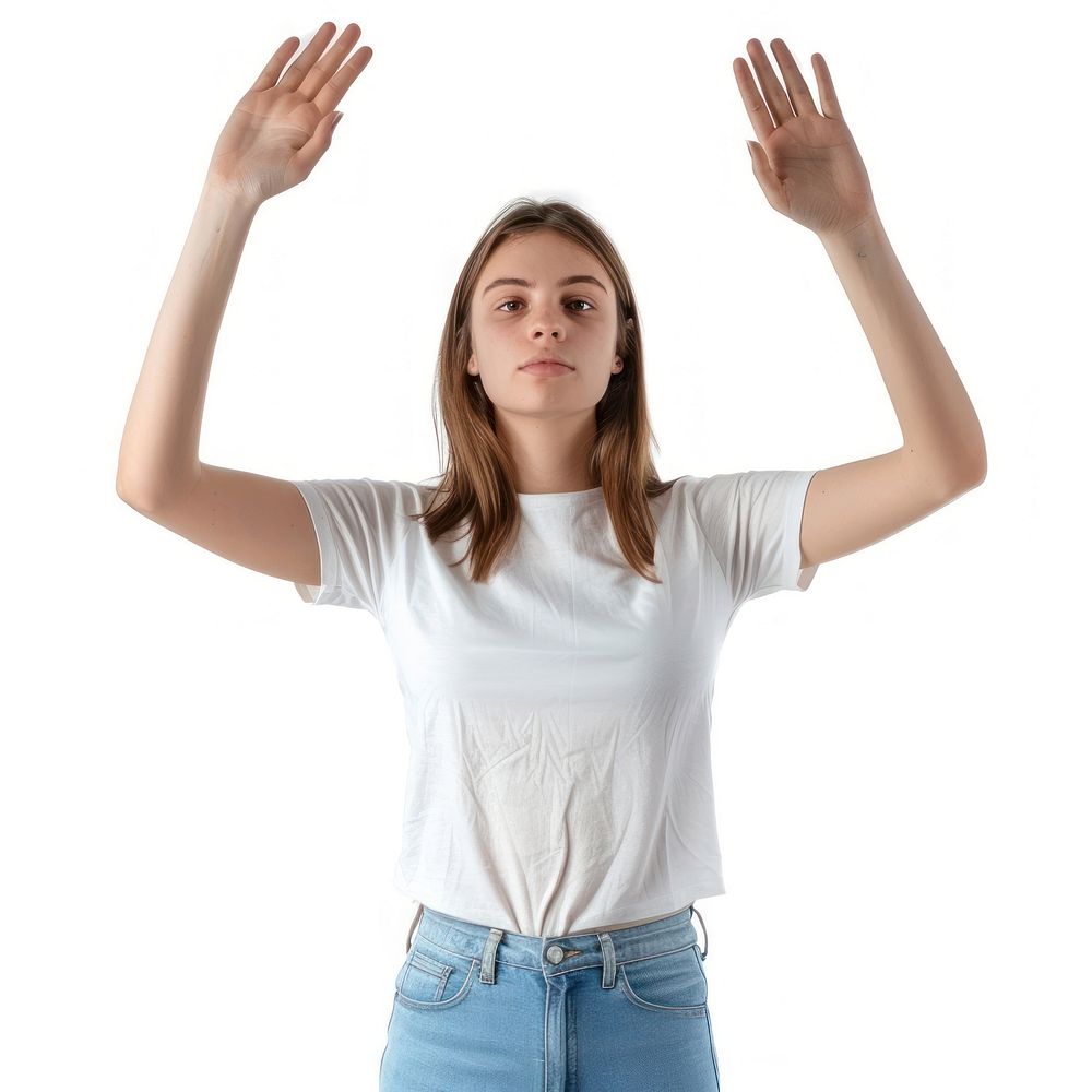 Caucacian young adult woman raising hands t-shirt sleeve frustration.