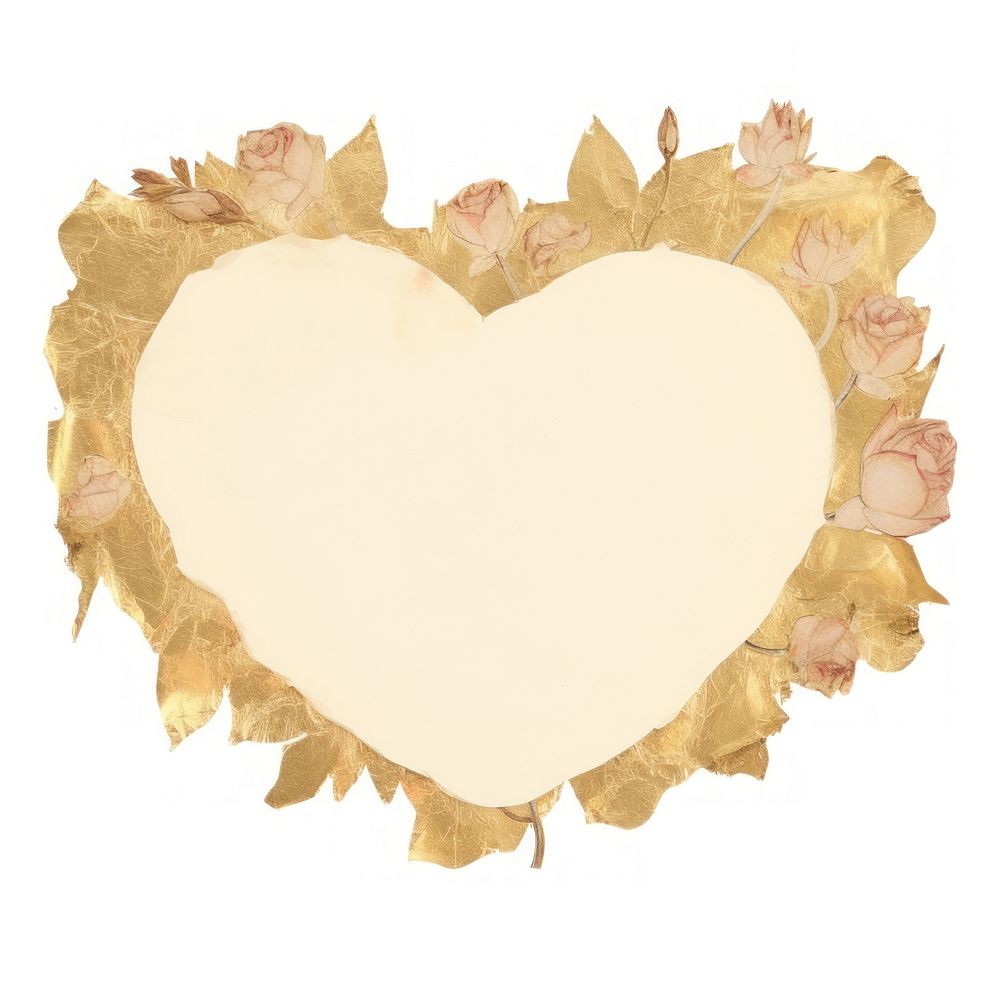 Gold heart florals ripped paper white background dishware pattern.