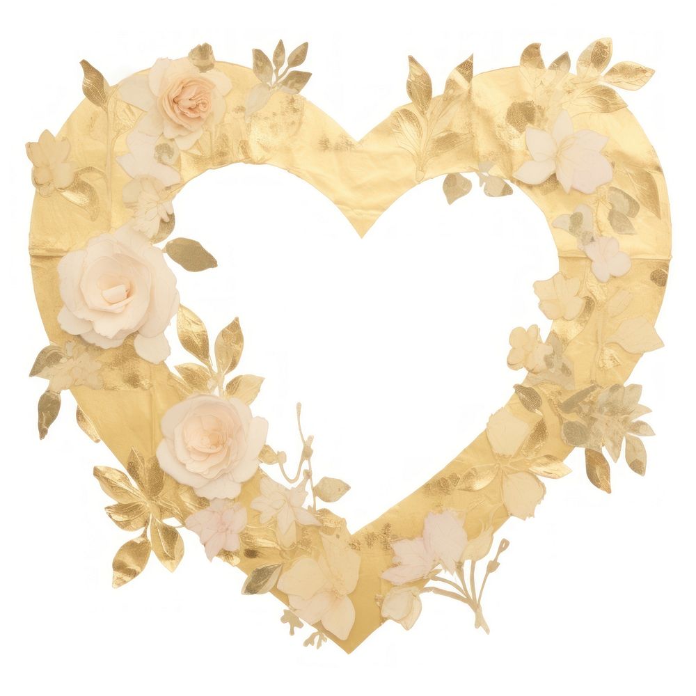 Gold heart florals ripped paper white background celebration decoration.