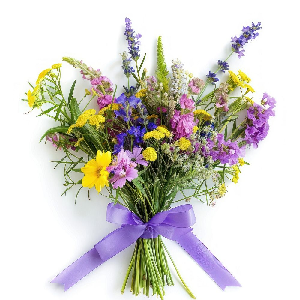 Wildflowers bouquet purple lavender ribbon.