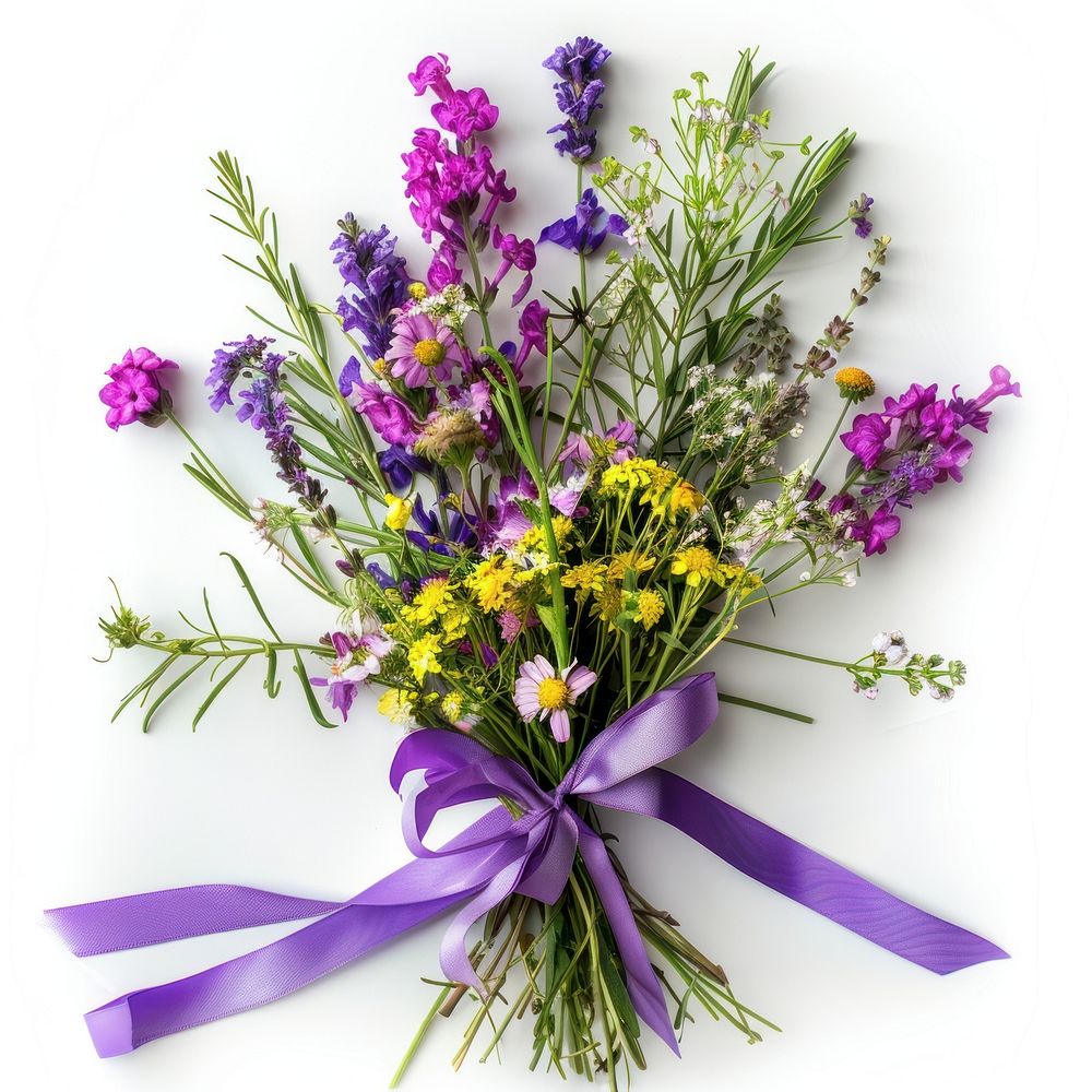 Wildflowers bouquet purple lavender ribbon.