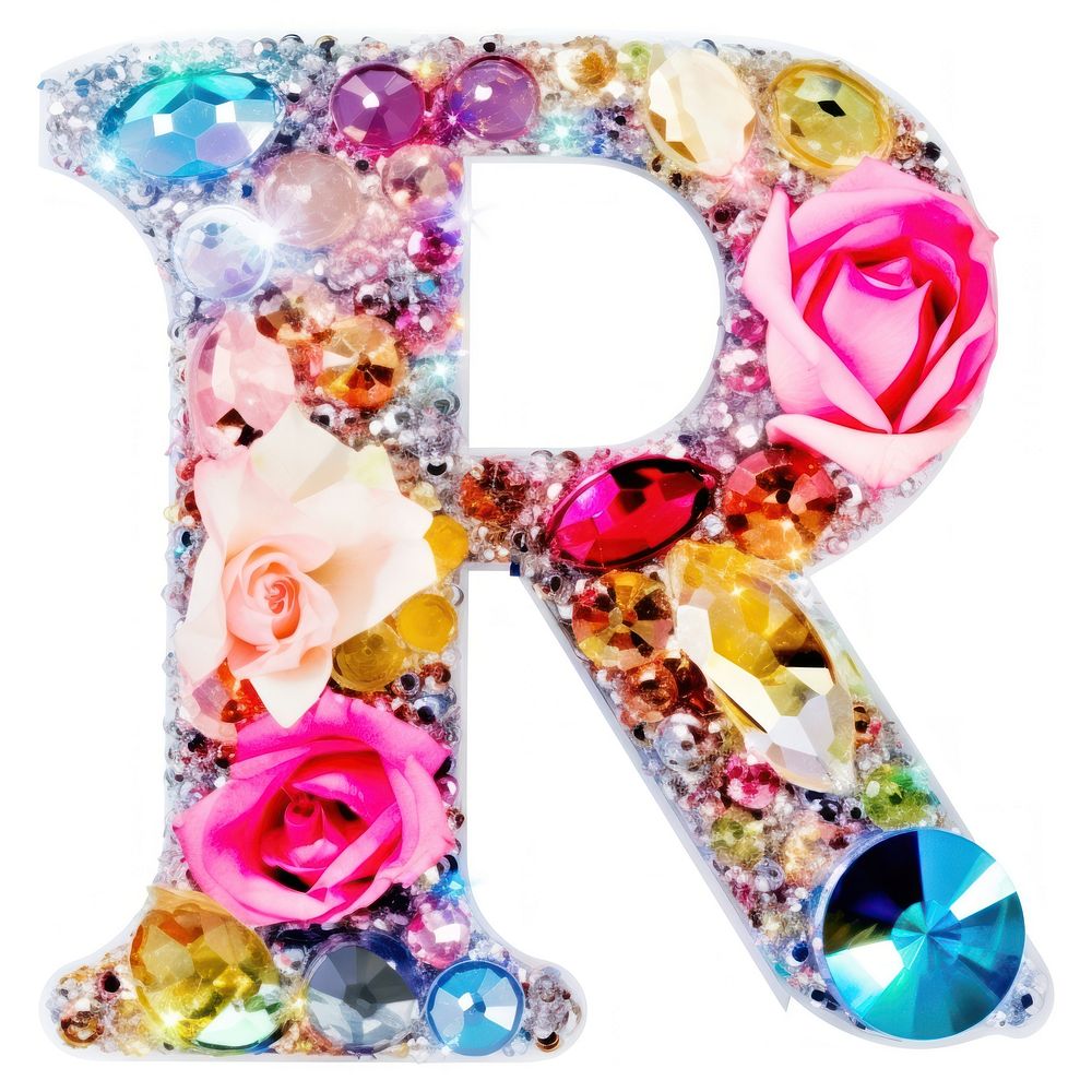 Glitter letter R jewelry text white background.