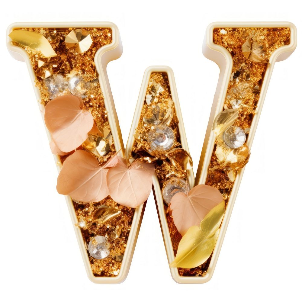 Glitter letter w shaped gemstone jewelry white background.