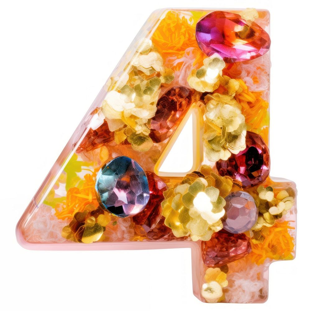 Glitter number letter 4 gemstone jewelry white background.