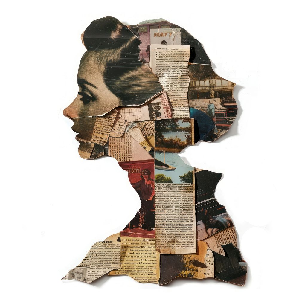 Woman shape collage cutouts adult art white background.