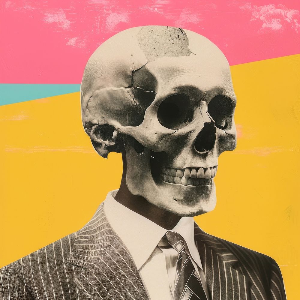 A man with a skull on his head art portrait adult.