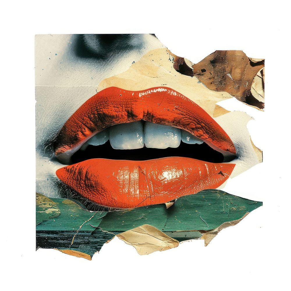 Mouth collage cutouts lipstick art white background.
