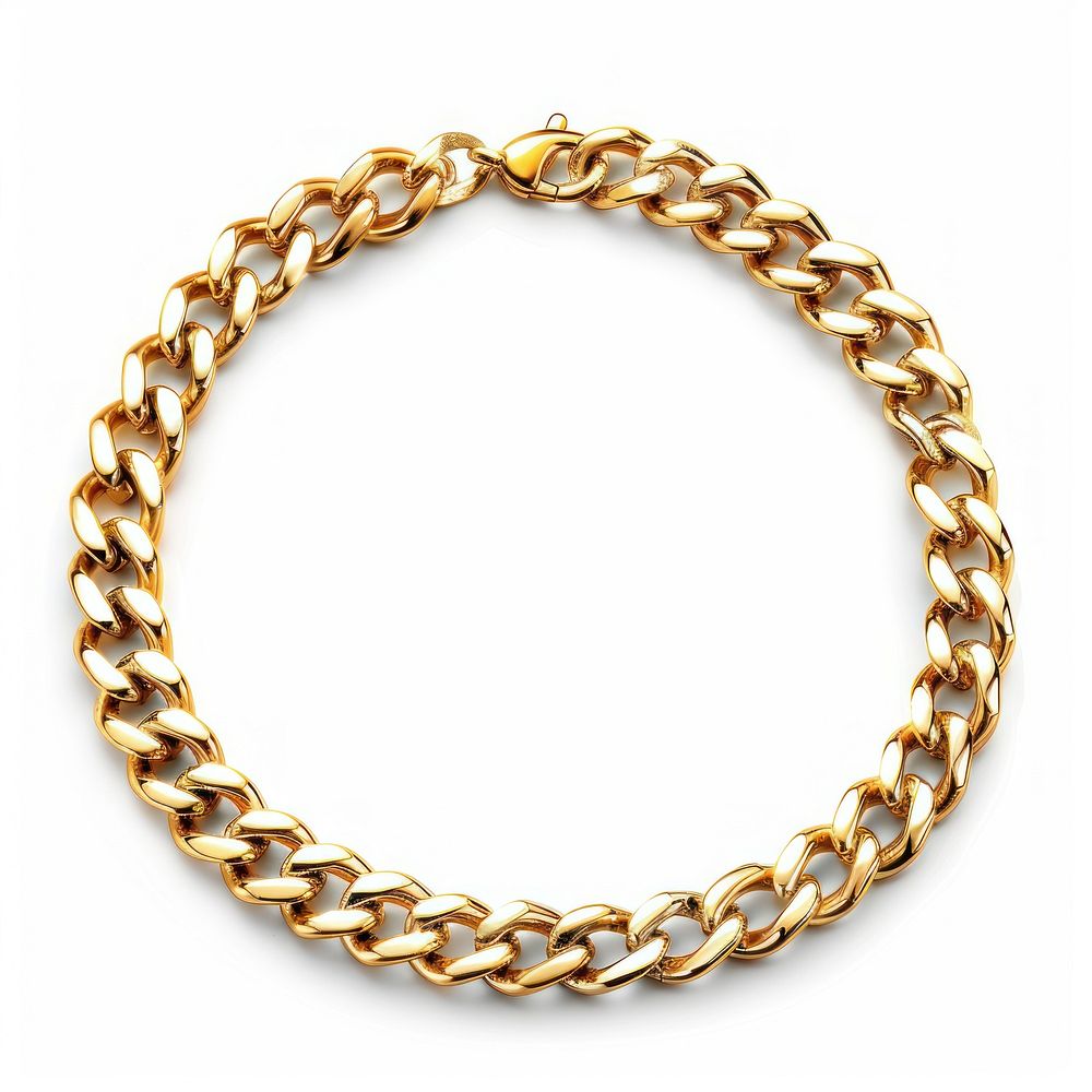 A jewelry necklace bracelet gold white background.