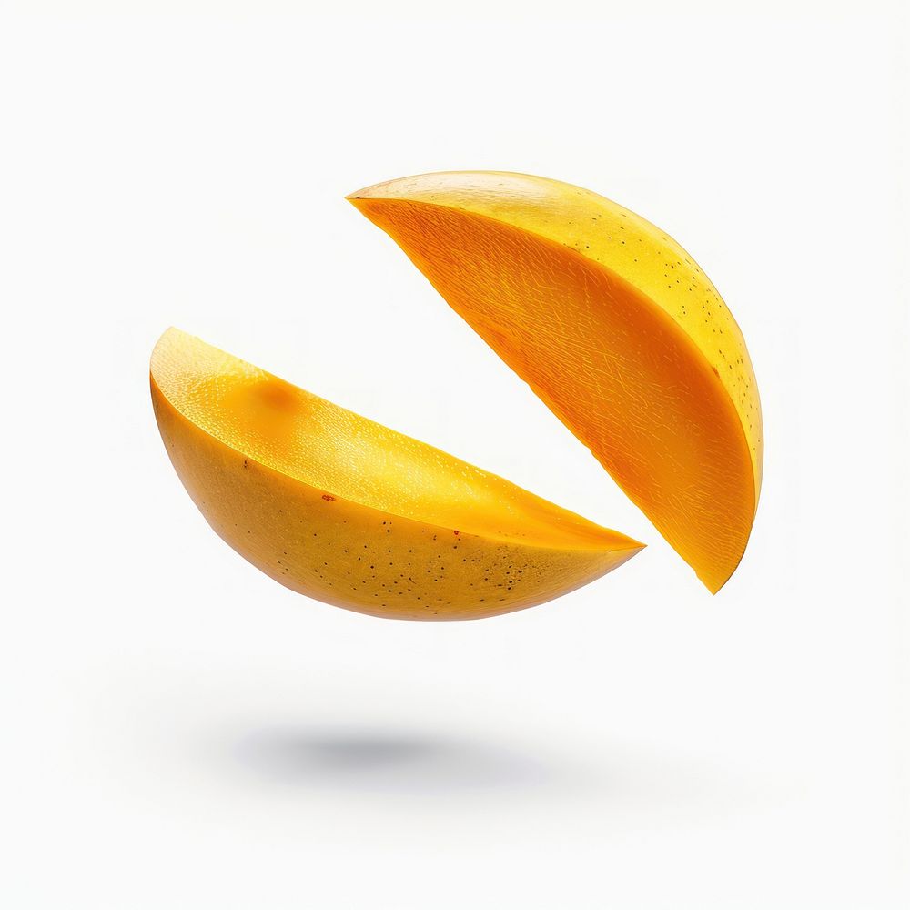 Mangos halved fruit food white background freshness.