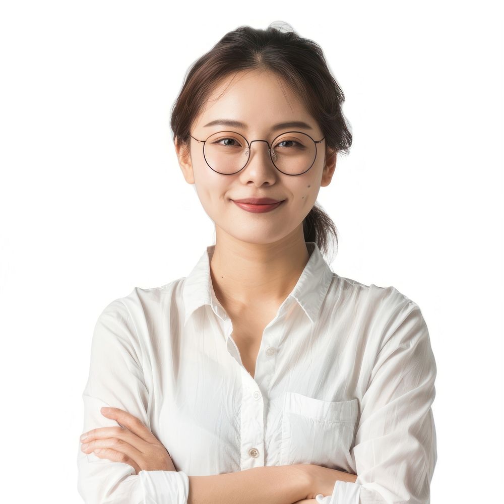 Asian teacher happy portrait glasses blouse.