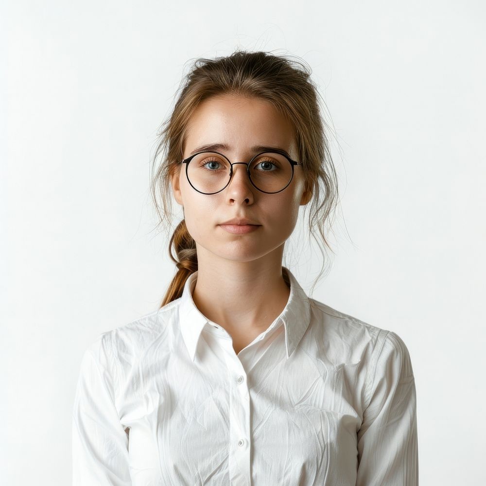 Teacher portrait glasses shirt.
