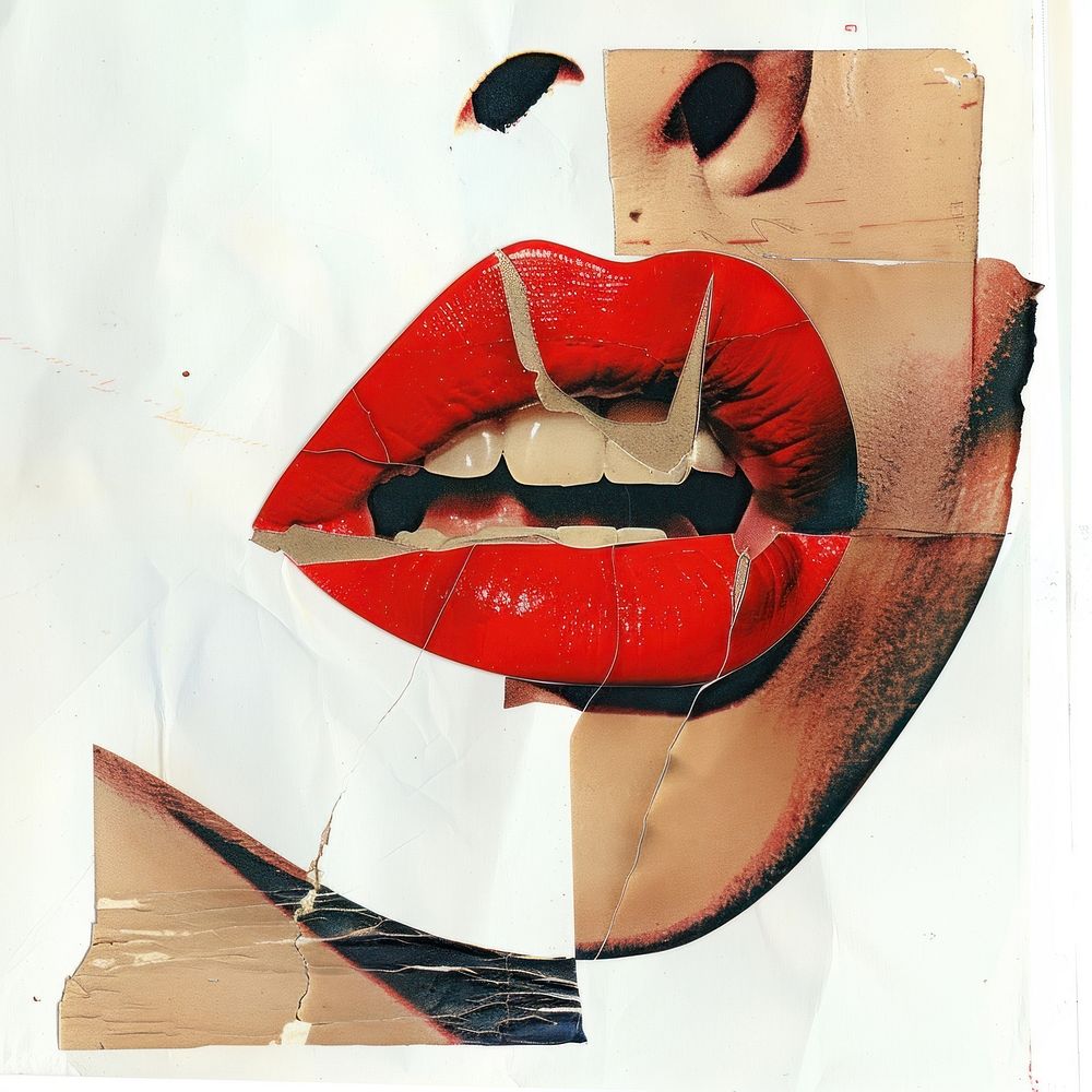 Red mouth collage cutouts lipstick cosmetics portrait.