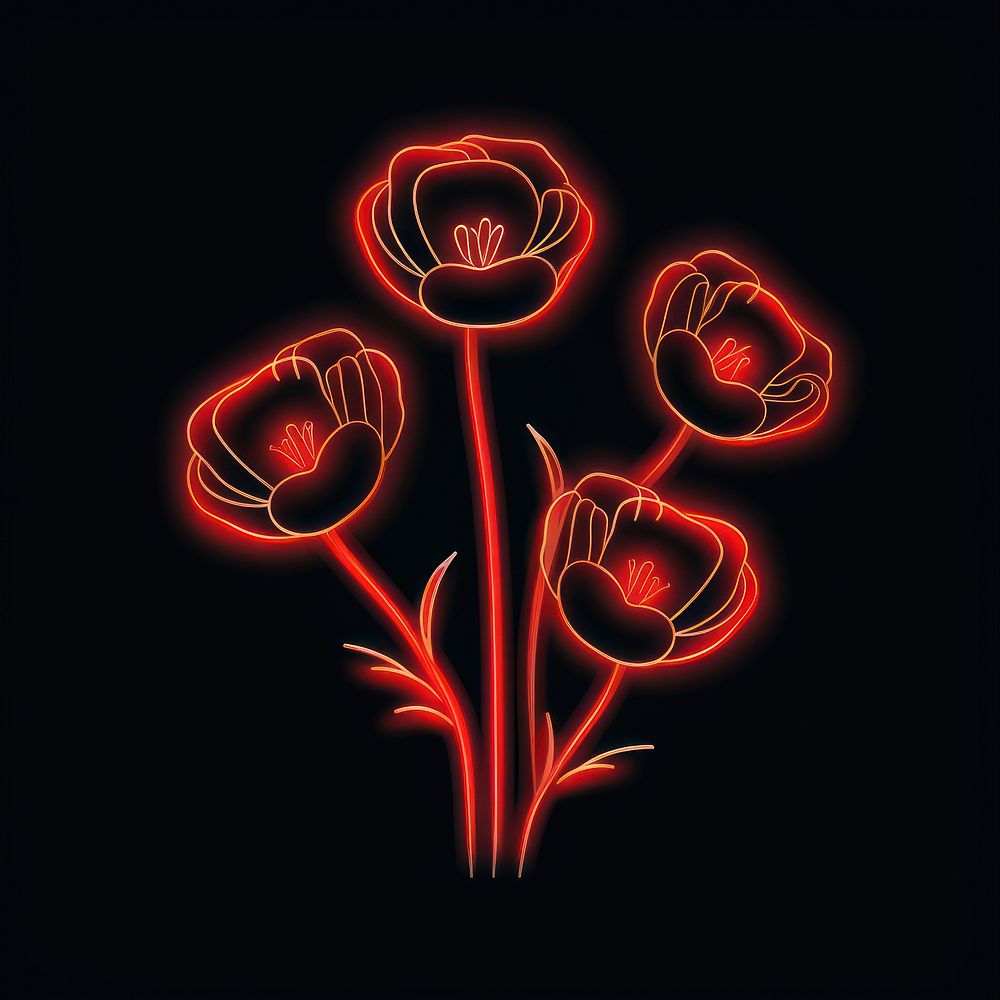 Poppies icon neon light red.