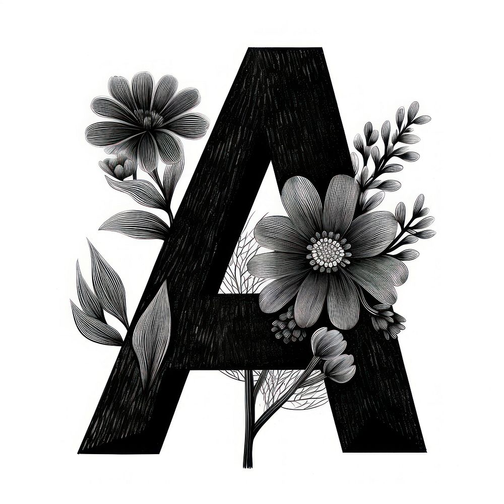 Alphabet A flower white black.