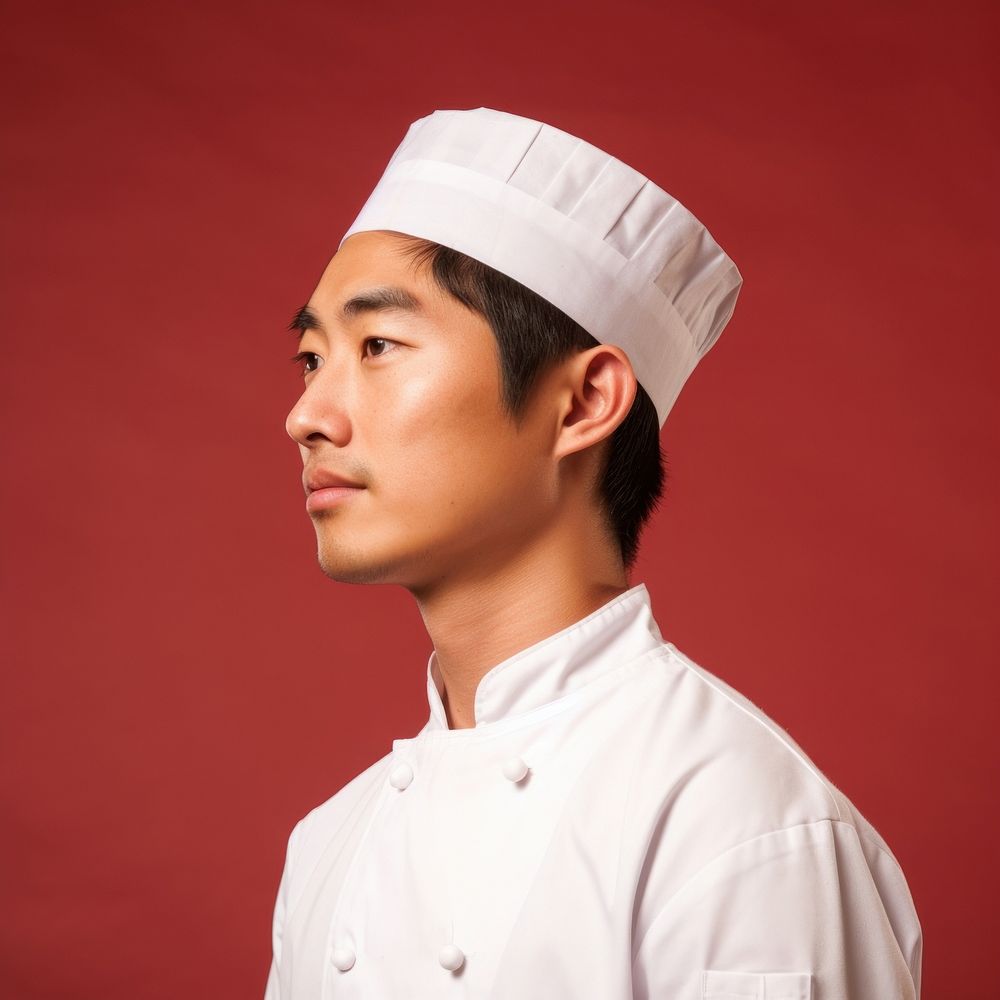 Asian men chef side portrait profile headshot standing headwear.