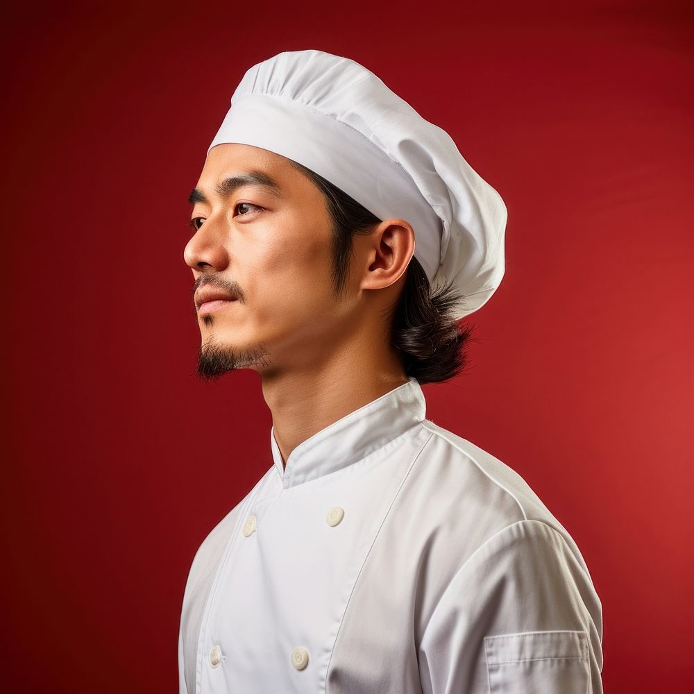 Asian men chef side portrait profile adult headwear headshot.