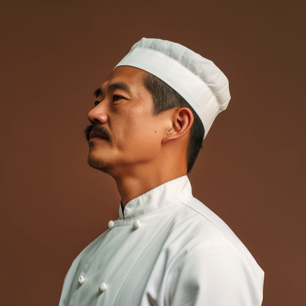 Asian men chef side portrait profile adult headshot headwear.