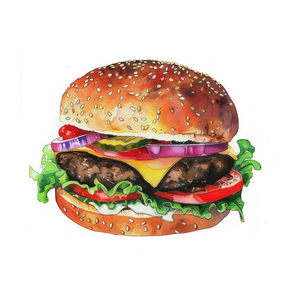 Burger in Watercolor style burger food.