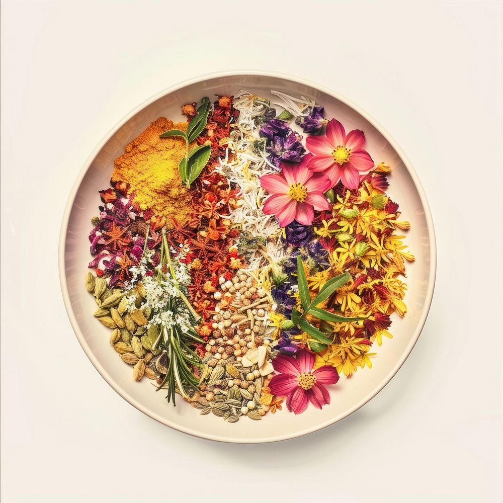 Flower Collage spices in bowl platter herbal plate.