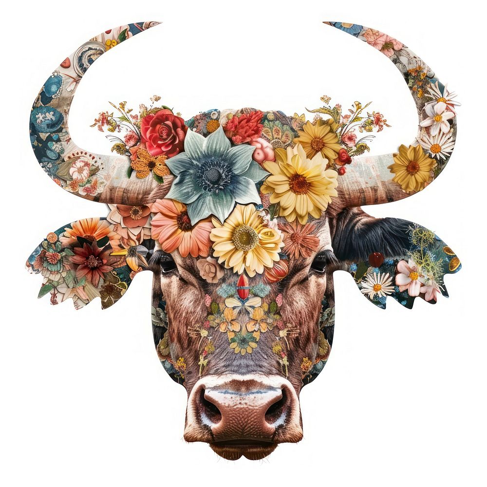 Flower Collage Taurus Zodiac bull livestock wildlife.