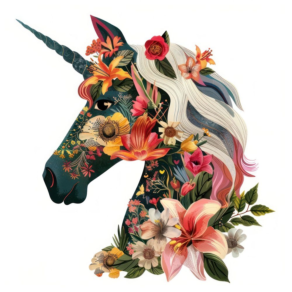 Flower Collage Unicorn head pattern flower graphics.