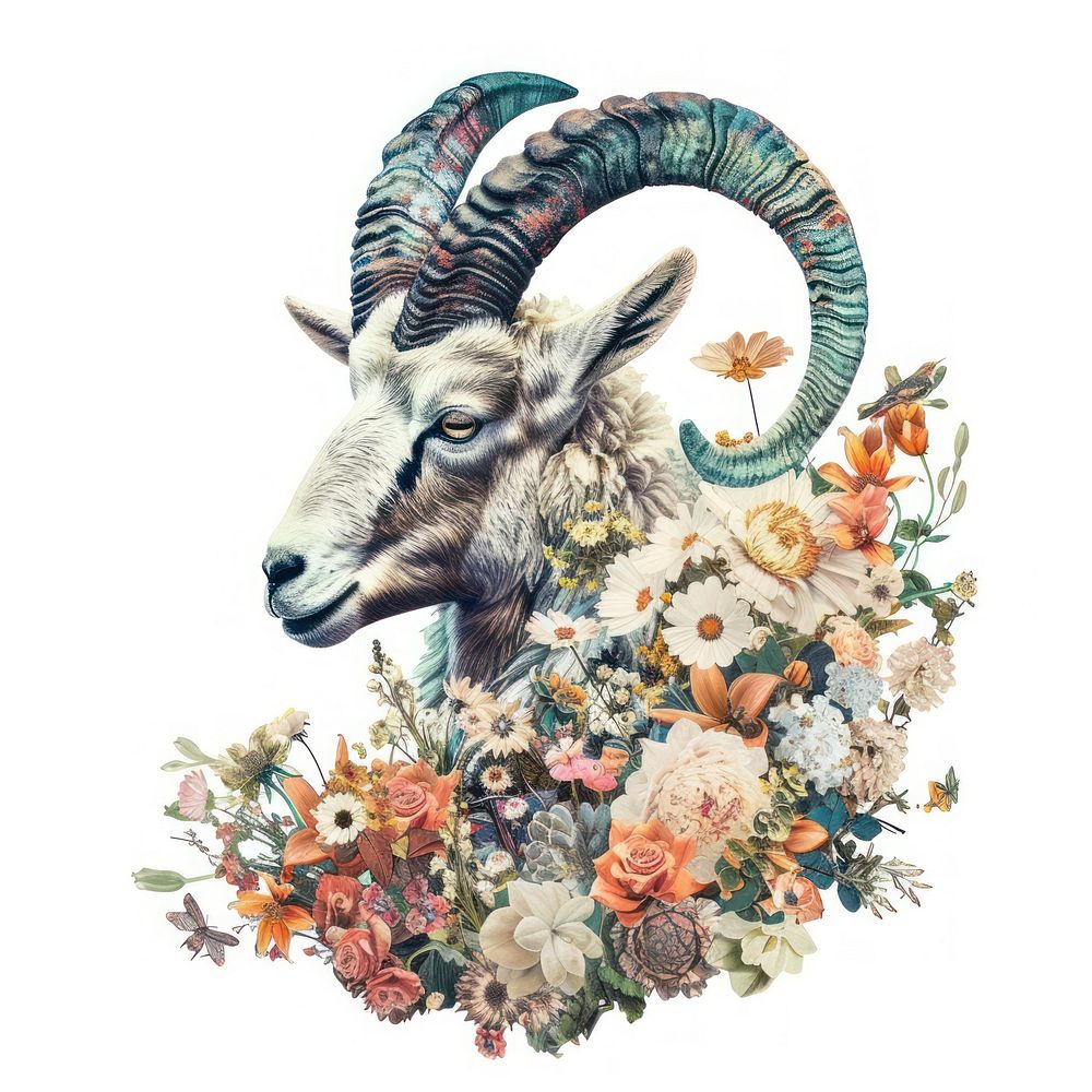 Flower Collage Capricorn Zodiac goat livestock antelope.