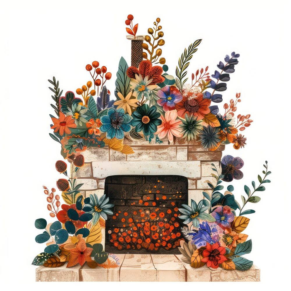 Flower Collage fireplace painting indoors hearth.