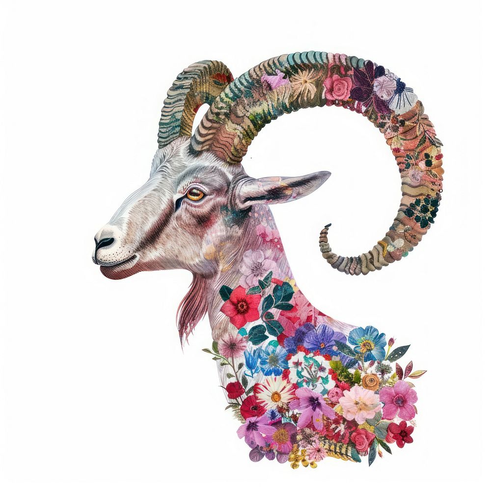 Flower Collage Capricorn Zodiac goat livestock antelope.