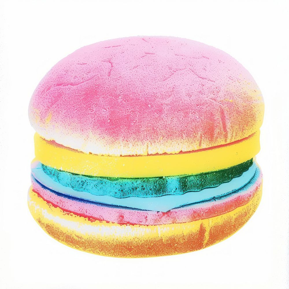 Burger Shaped Risograph style confectionery macarons dessert.